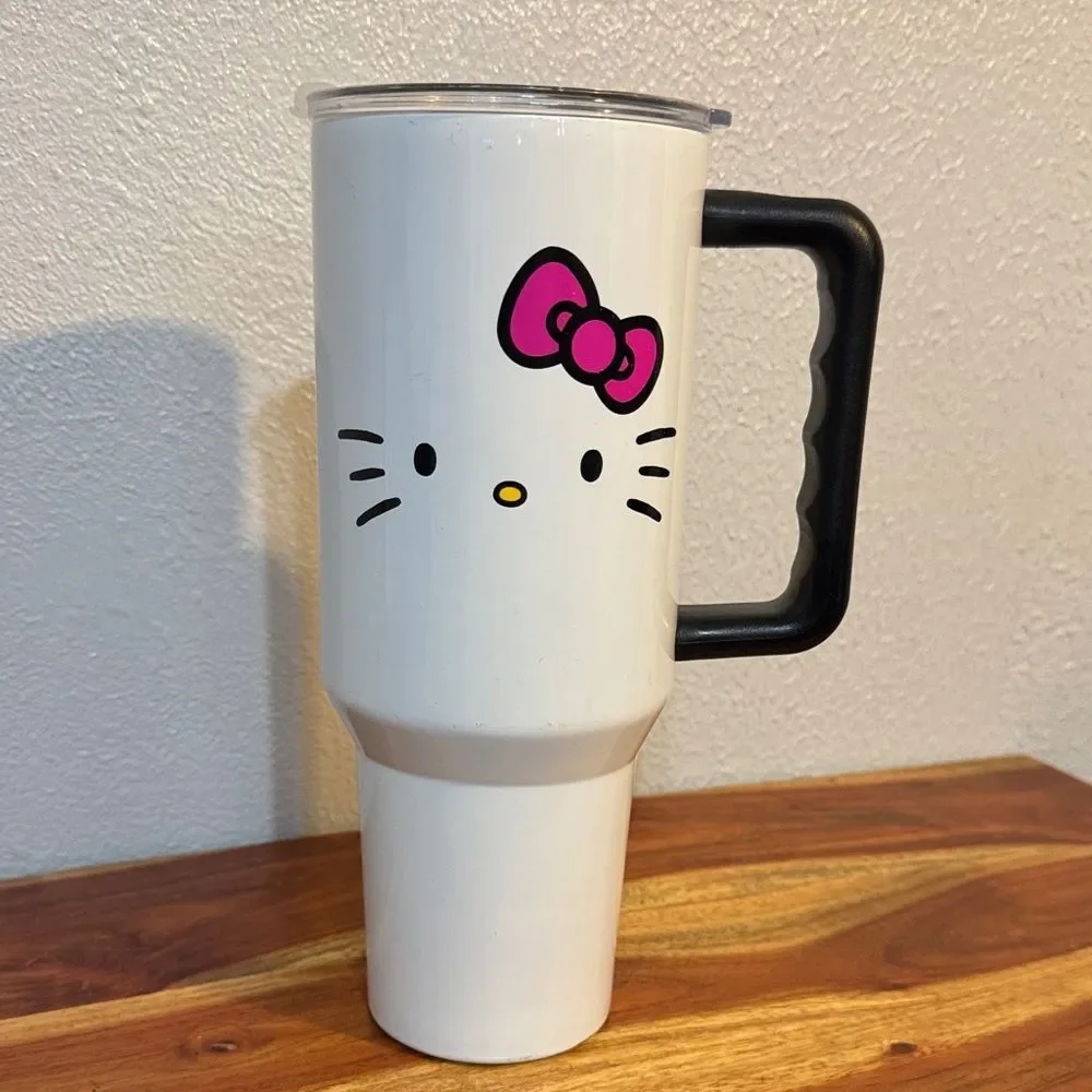 Hello Kitty Stainless Steel Tumbler White Cup Black Handle Sanrio Kawaii